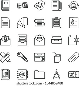 thin line vector icon set - clip vector, archive, packing of juice with a straw, books, sample colour, writing accessories, stationery knife, received letter, address book, drawer, delete page, sale