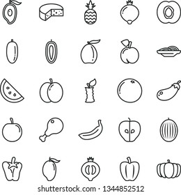 thin line vector icon set - cheese vector, slices of onion, chicken leg, peper, a pineapple, orange slice, peach, apple, half apricot, tasty, medlar, melon, mango, loquat, date fruit, plum, sweet