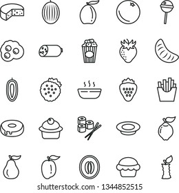 thin line vector icon set - sausage vector, cheese, cake, muffin, with a hole, hot porridge, plate of milk, Chupa Chups, French fries, sushi set, cup popcorn, omelette, strawberry, strawberries
