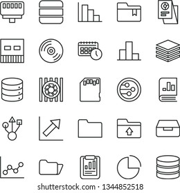 thin line vector icon set - pie chart vector, bar, graph, growth, positive histogram, folder bookmark, upload, CD, big data, pile, drawer, statistical report, book on statistics, research, agenda