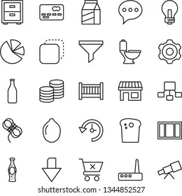 thin line vector icon set - incandescent lamp vector, downward direction, bedside table, baby cot, cogwheel, window frame, toilet, hawser, speech, crossed cart, package, coins, copy, Easter cake