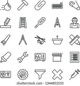 thin line vector icon set - cross vector, new abacus, open pin, electronic thermometer e, big core, hand saw, stepladder, writing accessories, drawing, star gear, hammer, clip, Chinese chopsticks