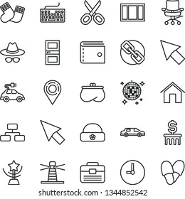 thin line vector icon set - scissors vector, purse, keyboard, spectacles, hat with glasses, warm socks, window frame, portfolio, interroom door, home, wall clock, flowchart, electric car, lighthouse