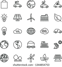 thin line vector icon set - sign of the planet vector, paper bag, solar panel, big, leaves, leaf, windmill, wind energy, Earth, bulb, hydroelectric station, hydroelectricity, trees, eco car, CO2