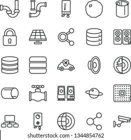 thin line vector icon set - loudspeaker vector, sewerage, boiler, electronic, lock, big data, planet, cabbage, solar panel, valve, water pipes, autopilot, processor, pipe, connection, connections