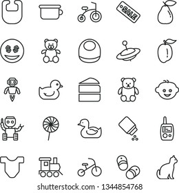thin line vector icon set - baby powder vector, bib, Child T shirt, rubber duck, duckling, toy mobile phone, children's potty, teddy bear, small, hairdo, train, yule, bicycle, tricycle, shoes, pear
