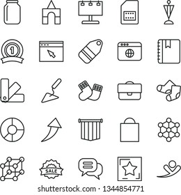 thin line vector icon set - paper bag vector, warm socks, Knitted, box of bricks, building trowel, color samples, notebook, label, SIM card, jar, billboard with illumination, portfolio, ring diagram