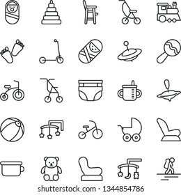 thin line vector icon set - toys over the cradle vector, cot, mug for feeding, nappy, beanbag, Baby chair, car child seat, stroller, summer, sitting, bath ball, stacking toy, roly poly doll, tumbler