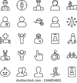 thin line vector icon set - woman vector, women, funny hairdo, builder, garden trolley, index finger, racer, man, goal, operator, conversation, scientist, winner, podium, carrer stairway, hands up