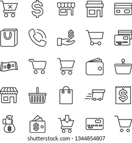 thin line vector icon set - grocery basket vector, cart, put in, crossed, bag with handles, cards, kiosk, shopping, reverse side of a bank card, front the, denomination dollar, financial item, store