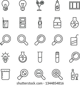 thin line vector icon set - matte light bulb vector, incandescent lamp, magnifier, zoom, out, e, window frame, interroom door, a glass of soda, cocktail, bottle, jam, jar, liquor, round flask, wine