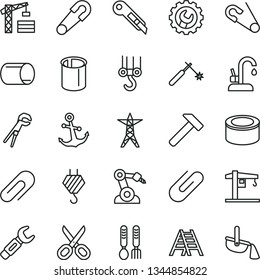 thin line vector icon set - scissors vector, clip, safety pin, open, iron fork spoons, crane, tower, hook, winch, adjustable wrench, ladder, gear, stationery knife, kitchen faucet, hammer, anchor