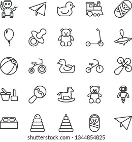 thin line vector icon set - paper airplane vector, dummy, beanbag, baby rattle, rubber duck, duckling, bath ball, stacking rings, toy, roly poly doll, tumbler, sand set, teddy bear, small, yule