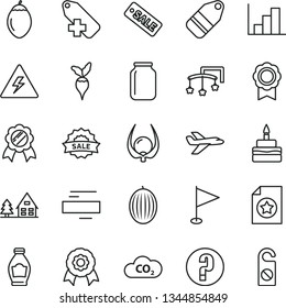thin line vector icon set - danger of electricity vector, minus, add label, pennant, negative histogram, question, toys over the cot, birthday cake, bottle, melon, tamarillo, physalis, radish, CO2
