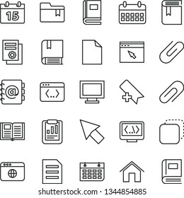 thin line vector icon set - monitor window vector, clip, add bookmark, clean sheet of paper, folder, book, e, home, calendar, address, copy, statistical report, scientific publication, wall, browser