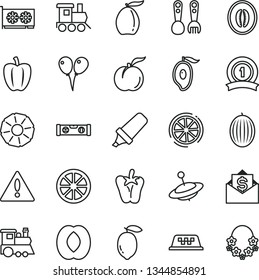 thin line vector icon set - warning vector, plastic fork spoons, baby toy train, children's, yule, colored air balloons, building level, peper, ripe peach, melon, half of mango, loquat, lemon, juicy