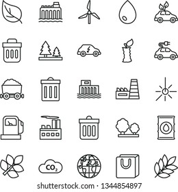 thin line vector icon set - bin vector, dust, drop, bag with handles, apple stub, leaf, gas station, windmill, oil, hydroelectric, hydroelectricity, trees, forest, industrial building, electric car
