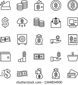 thin line vector icon set - purse vector, dollar, strongbox, coins, shopping basket, denomination of the, article on, get a wage, catch coin, dollars, cashbox, money bag hand, rain, pedestal, wallet