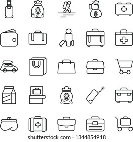 thin line vector icon set - first aid kit vector, bag of a paramedic, medical, portfolio, suitcase, case, with handles, package, cart, briefcase, wallet, purse, dollars, hand, money, car baggage