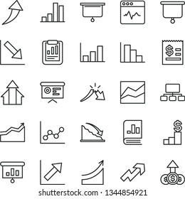 thin line vector icon set - growth up vector, line chart, graph, negative, positive histogram, cardiogram, bar, recession, a crisis, statistical report, scheme, article on the dollar, presentation