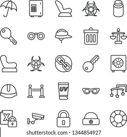 thin line vector icon set - spectacles vector, scales, toys over the cot, powder, Baby chair, car child seat, warm hat, construction helmet, dust bin, lock, key, umbrella, strongbox, encrypting
