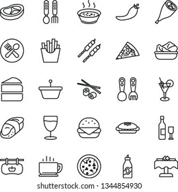 thin line vector icon set - plastic fork spoons vector, iron, coffee, pizza, piece of, big burger, cake, pie, porridge in a saucepan, lettuce plate, grill chicken leg, bacon, barbecue, French fries