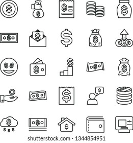 thin line vector icon set - purse vector, coins, column of, denomination the dollar, article on, financial item, catch a coin, money, dollars, cash, bag hand, rain, mortgage, pedestal, wallet, eyes