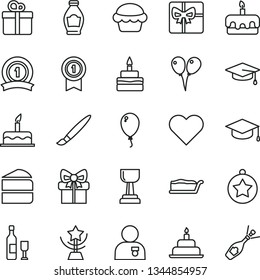 thin line vector icon set - tassel vector, colored air balloons, balloon, cake, birthday, heart, gift, square academic hat, piece of, slice, torte, bottle, giftbox, gold cup, star, man with medal