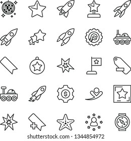 thin line vector icon set - add bookmark vector, remove label, star gear, rocket, space, lunar rover, bang, reward, medal, flag, dollar, stars around man, three, flying, disco ball, starfish