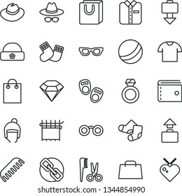thin line vector icon set - purse vector, spectacles, hat, with glasses, bath ball, accessories for a hairstyle, comb, warm socks, Knitted, shoes little children, winter, bag handles, T shirt, hand
