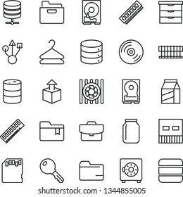 thin line vector icon set - folder vector, bookmark, storage unit, key, CD, big data, server, suitcase, strongbox, package, hanger, unpacking, barrel, jar, radiator fan, memory, hdd, usb, sd card