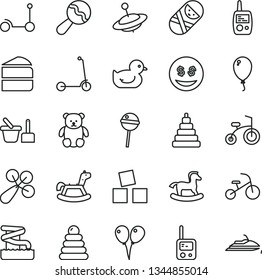 thin line vector icon set - beanbag vector, baby rattle, duckling, stacking rings, toy, tumbler, phone, mobile, sand set, small teddy bear, yule, rocking horse, cubes for children, balloon, tricycle