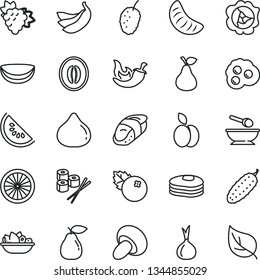 thin line vector icon set - deep plate with a spoon vector, porcini, of fruit, cucumber, chili, sushi set, omelette, blueberries, apple, pear, pancakes, branch grape, squash, fig, tasty mulberry