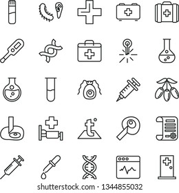 thin line vector icon set - first aid kit vector, plus, electronic thermometer e, bag of a paramedic, medical, temperature, cardiogram, goji berry, round flask, mercury, research article, test tube