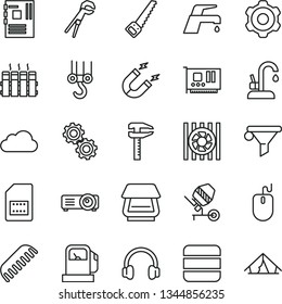 thin line vector icon set - comb vector, winch hook, cogwheel, concrete mixer, adjustable wrench, arm saw, radiator, faucet, kitchen, gas station, magnet, SIM card, calipers, water filter, fan, pc