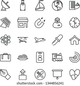 thin line vector icon set - onion vector, atom, brain, pipette, magnet, scientist, radar, sun panel, satellite antenna, presentation board, ink pen, earth, plane, train, sail boat, suitcase, rolling