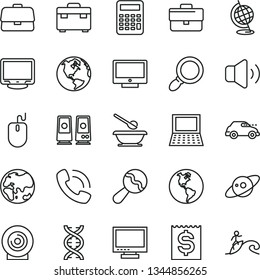 thin line vector icon set - monitor vector, briefcase, beanbag, plates and spoons, suitcase, screen, volume, lens, planet, Earth, retro car, financial item, phone call, notebook pc, mouse, speaker