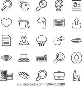 thin line vector icon set - heart symbol vector, beanbag, cloud, children's sand set, city block, map, globe, move up, right, slices of onion, plate, japanese sushi, blueberries, half peach, scheme