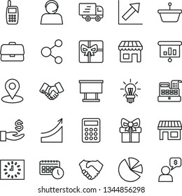 thin line vector icon set - growth chart vector, kiosk, stall, pan, billboard, geolocation, briefcase, connection, get a wage, hand shake, handclasp, pie charts, operator, light bulb, black clock