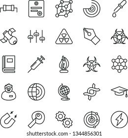 thin line vector icon set - nuclear vector, dna, gears, settings, satellite, book, biohazard, pipette, globe, magnet, flame, scientist, graduate hat, artifical insimination, radar, earth core