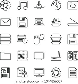 thin line vector icon set - floppy disk vector, laptop, screen, processor, fan, encrypting, motherboard, monitor, router, printer, scanner, usb flash, pc speaker, folder, connect, coding, note, mail