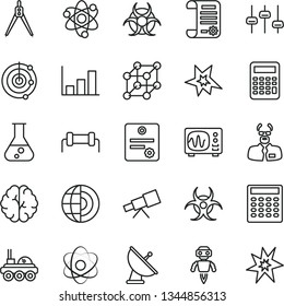 Thin Line Vector Icon Set - Research Article Vector, Flask, Telescope, Atom, Brain, Settings, Biohazard, Oscilloscope, Scientist, Calculator, Drawing Compass, Growth Graph, Radar, Earth Core, Robot