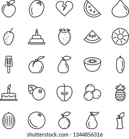 thin line vector icon set - cake vector, birthday, broken heart, popsicle, blueberries, orange slice, ripe peach, pear, red apple, tasty, fig, raspberry, blueberry, mulberry, melon, date fruit, kiwi