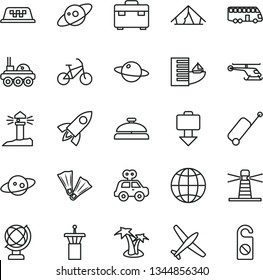 thin line vector icon set - motor vehicle present vector, suitcase, globe, earth, planet, lighthouse, coastal, saturn, lunar rover, rocket, helicopter, plane, bus, taxi, bike, airport tower, hotel