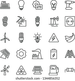 thin line vector icon set - danger of electricity vector, drill, ladder, saving light bulb, bananas, charging battery, working oil derrick, coal mining, gas station, windmill, wind energy, factory