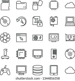 thin line vector icon set - monitor vector, folder, smd, tablet pc, notebook, fan, encrypting, power supply, tower, cpu, card, cd, usb flash, browser, coding, joystick, sd, big data, history, cloud