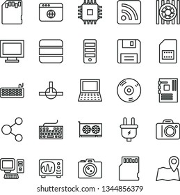 thin line vector icon set - monitor window vector, camera, keyboard, rss feed, plug, SIM card, connection, computer, notebook pc, radiator fan, tower, motherboard, cpu, gpu, cd, browser, connect, sd