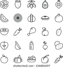 thin line vector icon set - measuring cup for feeding vector, bottle, pie, lettuce in a plate, chicken leg, beet, garlic, carrot, orange slice, peach, ripe, pomegranate, squash, tasty apple, loquat