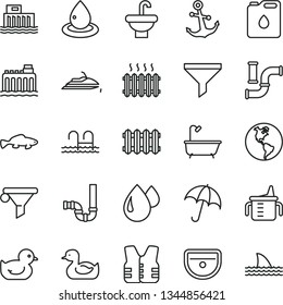 thin line vector icon set - measuring cup for feeding vector, rubber duck, baby duckling, washbasin, sink, bath, siphon, new radiator, anchor, umbrella, small fish, water pipes, planet Earth, drop