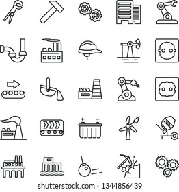 thin line vector icon set - gears vector, concrete mixer, adjustable wrench, sewerage, power socket type f, buildings, helmet, hammer, core, working oil derrick, coal mining, wind energy, factory